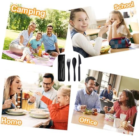 Travel Utensils with Case, 2 Sets Reusable Utensils Set with Case, Wheat Straw Utensils for Lunch Box Accessories, Camping Utensil Set for School Work Lunch or Daily Use（Black）