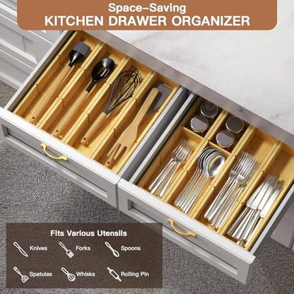 DUJEN 4 Packs Bamboo Drawer Organizer 2 pieces 12.6 * 6inches and 2 pieces 12.6 * 3.2inches, Adjustable 3 Individual Junk Drawer organizer for Bathroom and Kitchen