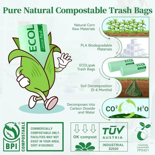 ECOLipak 33 Gallon 25 Count Large Compostable Trash Garbage Bags for Lawn