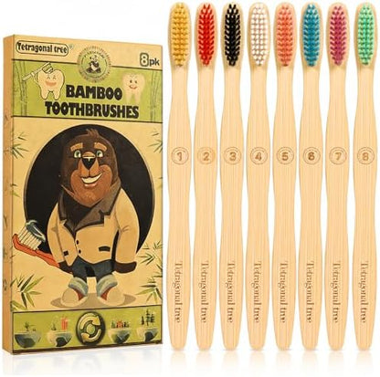 Tetragonal tree 8 Count Biodegradable Bamboo Toothbrushes - Natural Toothbrush Value Pack - Extra Soft Toothbrush for Adults, Good for Sensitive Teeth and Gums