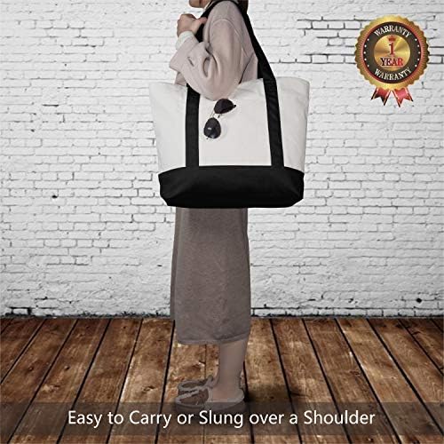 TOPDesign 6-Pack Canvas Tote Bags with an External Pocket, Reusable Grocery Shopping Bags, Top Zipper Closure, Daily Essentials (Black/Natural)