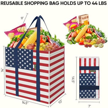 BALEINE 8 PK Grocery Bags Reusable Shopping Bags with Reinforced Bottom, Heavy Duty Foldable Tote Bags (Patriot Celebration)