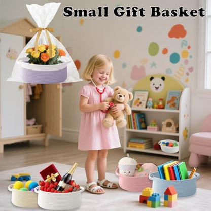 Woven Rope Basket-Baby Gift Basket with Bag & Ribbon, White&Purple