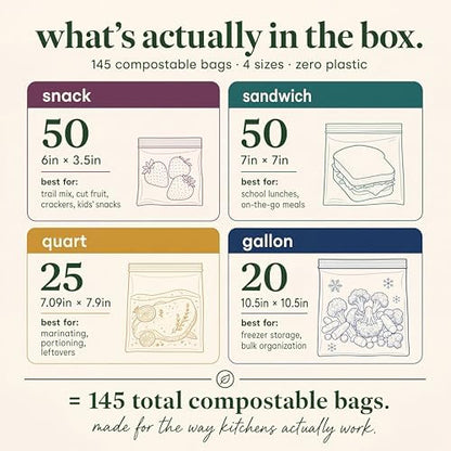 Compostic Compostable Sandwich, Snack, Gallon, Quart Bags Variety, 145 Ct