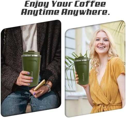 SPLMIFA Travel coffee mugs leak-proof, reusable coffee cups with lids, stainless steel vacuum insulated coffee tumblers, thermal insulation cups for men & women keep drinks hot & cold(2nd-Green, 12OZ)