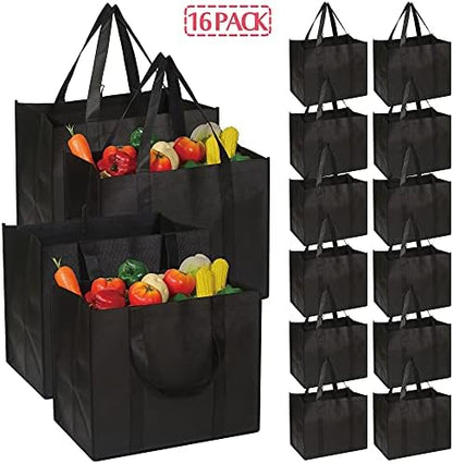 DIOMMELL Set of 16 Reusable Grocery Bags Extra Large Super Strong Heavy Duty Shopping Tote Bags with Reinforced Handles Black
