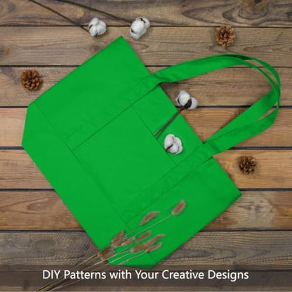 TOPDesign 3-Pack Canvas Tote Bags with an External Pocket, Reusable Grocery Shopping Bags, Top Zipper Closure, Daily Essentials (Lime Green)