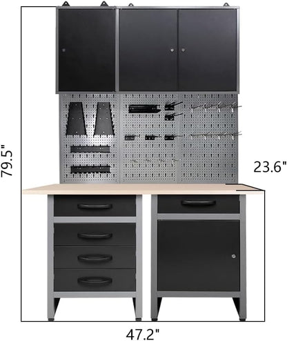 JZD Steel Workbench Garage Storage Cabinet Set with Wood Worktop