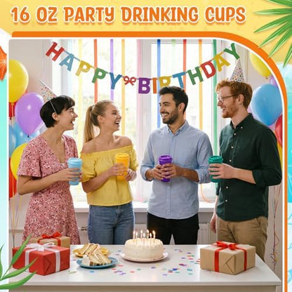 Honeydak 66 Pack 16 oz Reusable Coffee Cups with Lids Water Bottle Iced Coffee Travel Mug Portable Plastic Tea Tumblers Bulk for Hot and Cold Drinks Birthdays Party (Solid Color,Classic)