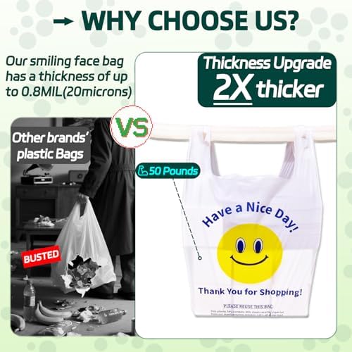 YovhVon 0.8Mil(20 Microns), 1000 Count, Plastic Bags with Handles, T-Shirt bags, Thank You bags, Shopping Bag, Grocery Bag, |for Store, Carry, Pack|, White, 1/6 Barrel, Large 11"x6"x21", Heavy Duty