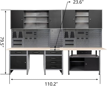 JZD Metal Storage Organization System, Wall Mount Tool Cabinets, Wood Tabletop, for Garage Basement