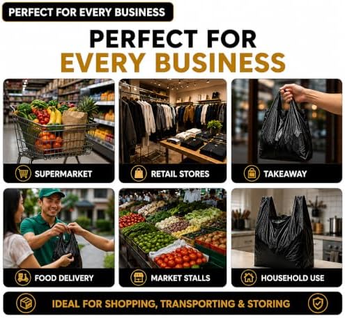 Heavy Duty Black Plastic Shopping Bags with Handles, T-Shirt Grocery Carrier, 12 x 18 x 24 Inch, HDPE for Retail, Convenience Stores and Takeout, 200 Count