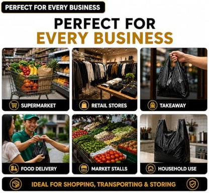 Heavy Duty Black Plastic Shopping Bags with Handles, T-Shirt Grocery Carrier, 12 x 18 x 24 Inch, HDPE for Retail, Convenience Stores and Takeout, 200 Count