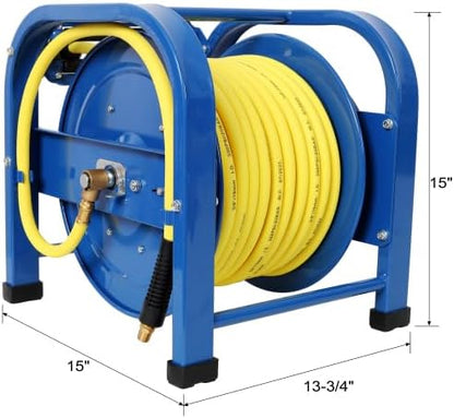 【LuckyNote】Retractable Air Hose Reel, 3/8" x 100 Feet, 300 PSI, Spring-Driven Steel, Heavy Duty Industrial, Hybrid hose, Portable and Durable