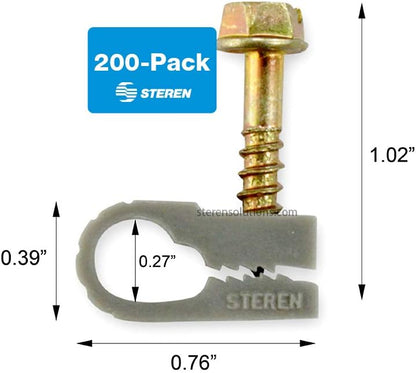 STEREN Coaxial Cable Clips - Cable Holder - Wire Clips - Siding Clips for Hanging - Cord Holder for Desk - Cable Clamps (Gray, 200 Count - Single Screw)