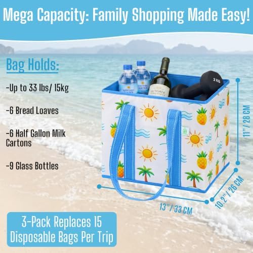VENO 3 Pack Reusable Grocery Shopping Bags Utility Tote w/Sturdy Handles
