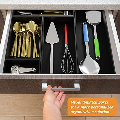 Black Bamboo Drawer Organizer - Silverware&Utensil Holder Organizer for Kitchen Drawers, Multi-Use Drawer Dividers Boxes for Bathroom Counter，Cabinet, Garage, Office Desk, Makeup, Jewelry (15"6"2.5")