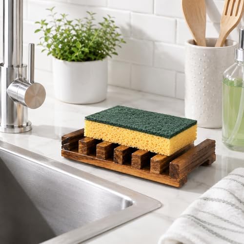 Wooden Soap Holder, Teak Soap Dish Wooden Sponge Holder for Kitchen Sink, Teak Shower Caddy Self Draining Dishes for Shower, Sink, Bathroom, Kitchen, Countertop, Bathtub, RV