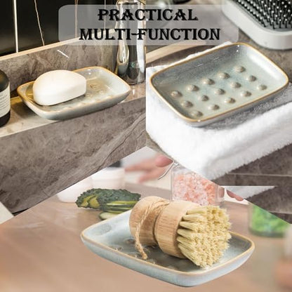 Soap Dish for Shower, Ceramic Soap Dish for Large Soap Bars, Non-Slip Soap Holder & Saver Tray with Floating Point Design for Bathroom, Shower, Kitchen Sink, Save Soap Loss (Pack of 2)