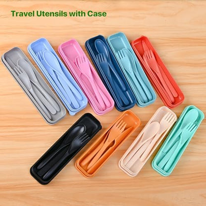 Travel Utensils with Case, Camping Utensil Sets, Wheat Straw Portable Knife Fork Spoons Tableware, Reusable Utensils for Lunch Box (Black)