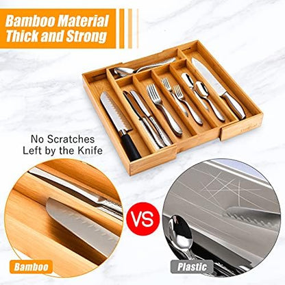 Bellsal Silverware Organizer Kitchen Drawer Organizer Expandable Bamboo Utensil Holder Cutlery Tray for Kitchen Utensil and Flatware Bedroom Office