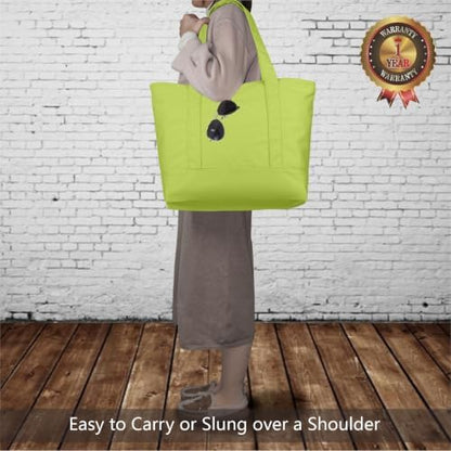 TOPDesign 6-Pack Canvas Tote Bags with an External Pocket, Reusable Grocery Shopping Bags, Top Zipper Closure, Daily Essentials (Light Green)