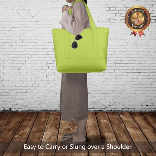 TOPDesign 3-Pack Canvas Tote Bags with an External Pocket, Reusable Grocery Shopping Bags, Top Zipper Closure, Daily Essentials (Light Green)
