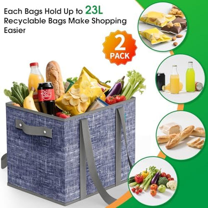 Fab totes Reusable Grocery Bags, Large Foldable Shopping Tote Bags with Reinforced Handles & Hard Bottom,2 Pack,Blue