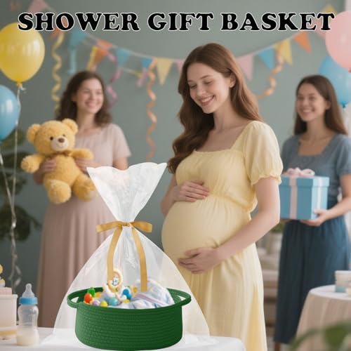 Woven Rope Basket - Baby Gift Basket with Bag & Ribbon, Green