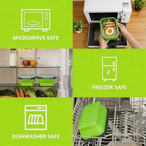 Collapsible Silicone Food Storage Containers Set, 4PCS Foldable Lunch Boxes with Lids & Air Vent, 27oz Multifunctional Travel Food Containers, Bento Boxes, Green