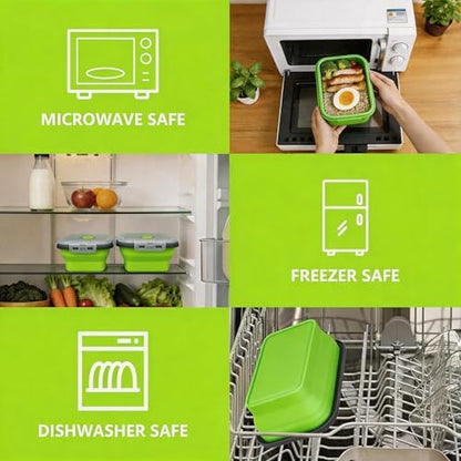 Collapsible Silicone Food Storage Containers Set, 4PCS Foldable Lunch Boxes with Lids & Air Vent, 27oz Multifunctional Travel Food Containers, Bento Boxes, Green