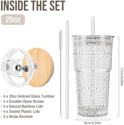 SoulTimes 20oz Hobnail Glass Tumbler with Bamboo Lids and Straws - Iced Coffee Glass Cups for Smoothie, Matcha, Juice, Water etc. Leakproof and Reusable Glassware Drinking for Travel To Go [4 Pcs]