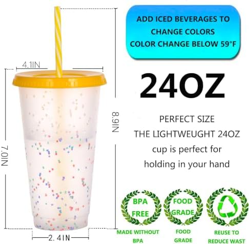Color Changing Cups, 24 Pack 24oz Plastic Tumblers, Reusable Iced Coffee & Smoothie Cups with Lids and Straws for Parties and Travel (Rainbow, 24 Pcak)