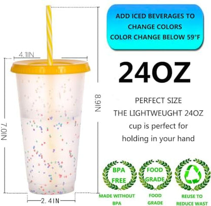 Color Changing Cups, 24 Pack 24oz Plastic Tumblers, Reusable Iced Coffee & Smoothie Cups with Lids and Straws for Parties and Travel (Rainbow, 24 Pcak)