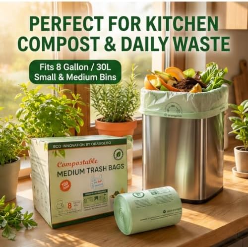 OrangeBio 8 Gallon Compostable Trash Bags, 100 Count, BPI Home Certified