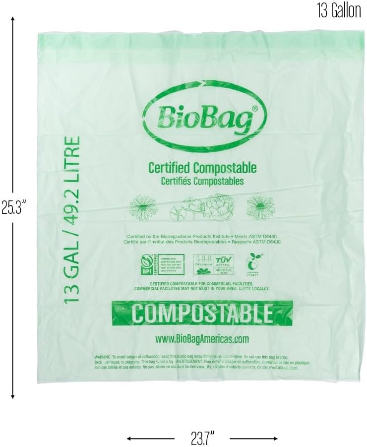13 Gallon Compostable Drawstring Trash Bags by BioBag, 40 Count, BPI Certified, Meets ASTM D6400 Standards, Easy-Tie Kitchen Liners