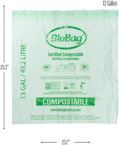13 Gallon Compostable Drawstring Trash Bags by BioBag, 40 Count, BPI Certified, Meets ASTM D6400 Standards, Easy-Tie Kitchen Liners