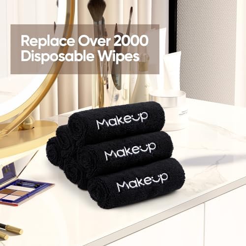 HOMEXCEL Makeup Remover Cloth 12 Pack,Premium Washable Soft 13x13 Inch Facial Cleansing Makeup Towels,Quick Dry Microfiber Face Towels Washcloths for All Skin Types,Black