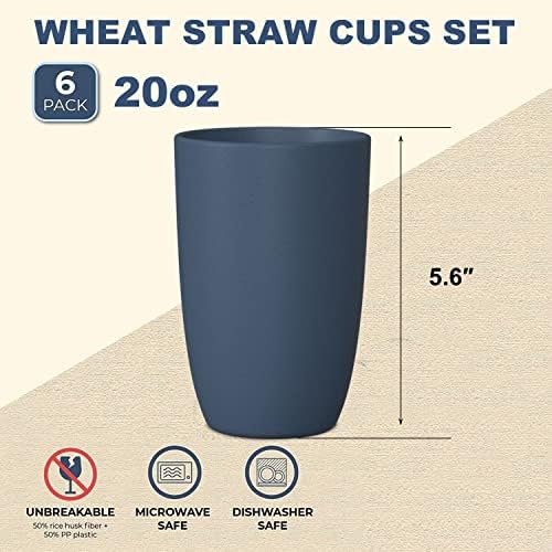 Wrova Wheat Straw Cups 6 PCS Good Alternative to Plastic Reusable Cups 20 oz Unbreakable Drinking Cup Reusable Dishwasher Safe Water Plastic Glasses Navy Blue
