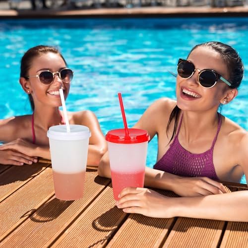 Color Changing Cups, 12 Pack 24oz Plastic Tumblers, Reusable Iced Coffee & Smoothie Cups with Lids and Straws for Parties and Travel (Bright, 12 Pack)