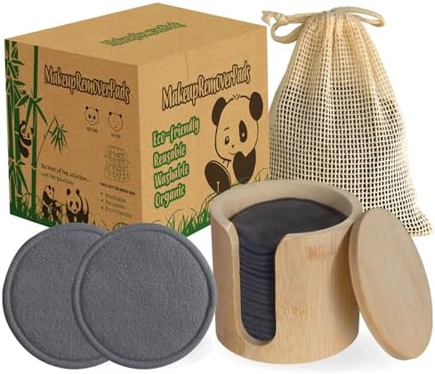 Reusable Cotton Rounds, 100% Natural Bamboo Cotton Pads for Face|Reusable Makeup Remover Pads with Laundry Bag,Headband and Cotton Round Holder (Gray)