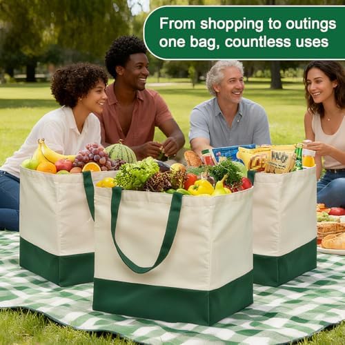 3 Pcs Reusable Grocery Bags - Heavy Duty Canvas Bag, 8.3 gal Foldable Large Canvas Tote Bag with Handles, Holds 60 lbs Tote Shopping Bags,100% Cotton（Retro Green）