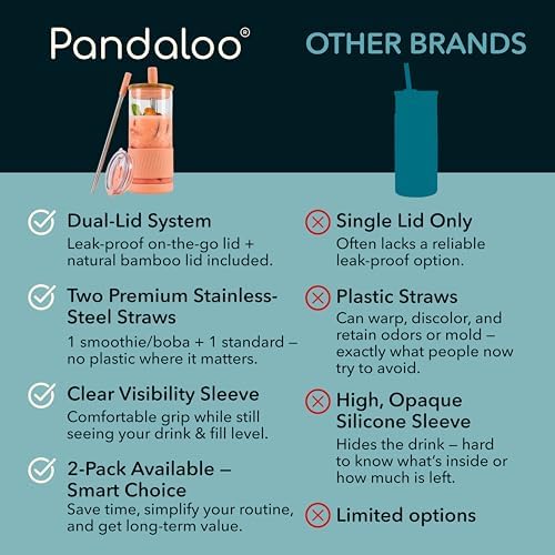 Pandaloo® Glass Cups With Lids and Straws -20 Fl Oz- Perfect Size Iced Coffee Cup - Smoothie Cup With Bamboo Lid and On the go Lid (Peach Fuzz, 1 Count (Pack of 1)