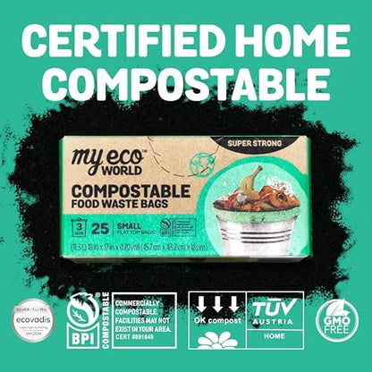 MyEcoWorld® Compostable Kitchen Waste Bags - 100 Count - 100% Certified Compostable - 3 Gallon - Super Strong - Leak Proof - Unscented - Easy to Open