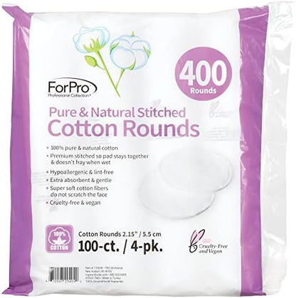 ForPro Pure & Natural Stitched Cotton Rounds for Face (400-Count), 100% Pure, Makeup Remover Pads, Hypoallergenic, Lint-Free, Vegan & Cruelty-Free, 100 Cotton Pads (Pack of 48)