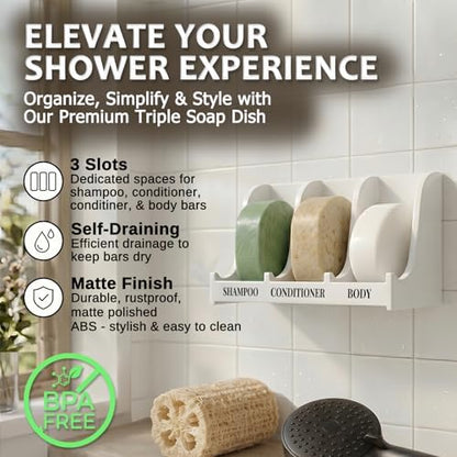 Soap Holder for Shower Wall, 3-Compartment Soap Dish [Patent Pending]