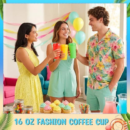 Honeydak 45 Pack 16 oz Reusable Coffee Cups with Lids Water Bottle Iced Coffee Travel Mug Portable Plastic Tea Tumblers Bulk for Hot and Cold Drinks Birthdays Party (Fresh,Classic)