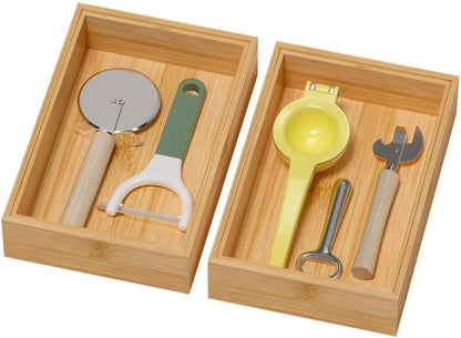 Lixple Bamboo Drawer Organizer, Cutlery Silverware Organizer for Kitchen Drawer, Stackable Utensil Organizer, 2 Pcs Flatware Organizer for Drawer, Wooden Storage Box Tray (Bamboo, 9 X 6 X 2 Inch)