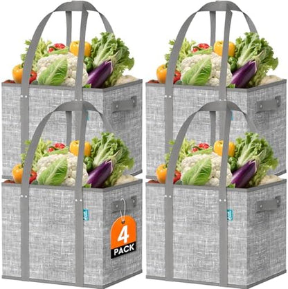 Fab totes Reusable Grocery Bags, Large Foldable Shopping Tote Bags with Reinforced Handles & Hard Bottom,4 Pack, Grey