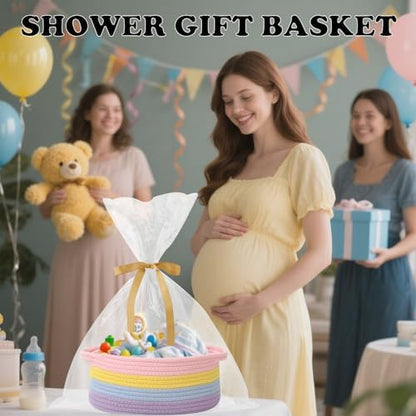 Woven Rope Basket,Baby Gift Basket with Bag & Ribbon, Rainbow